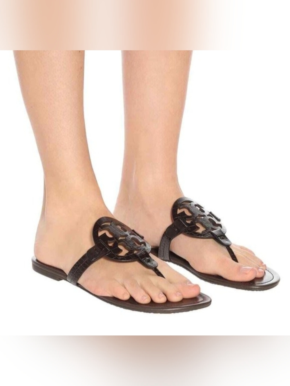 Tory Burch Miller Brown Chocolate Leather Logo Thong Sandals US 8.5 - Picture 5 of 16